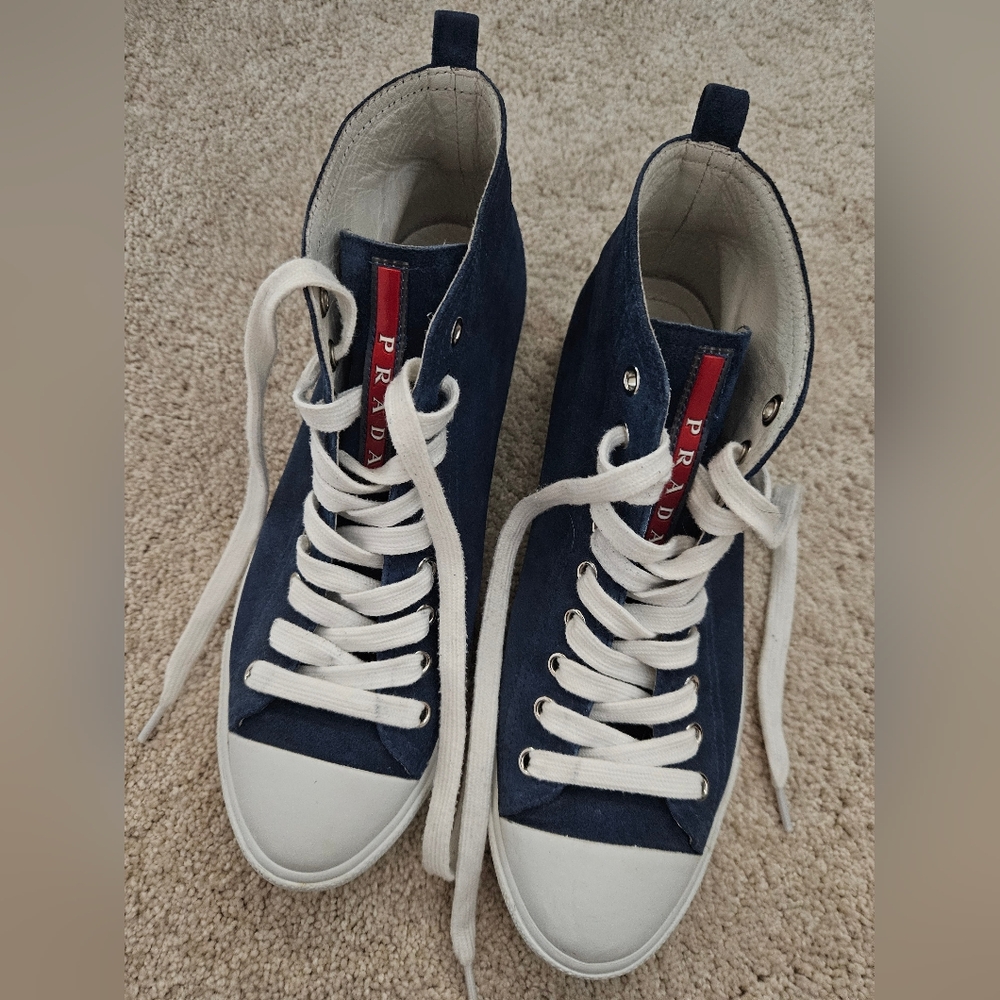 Prada Navy Blue and White High-Top Sneakers - Picture 6 of 10